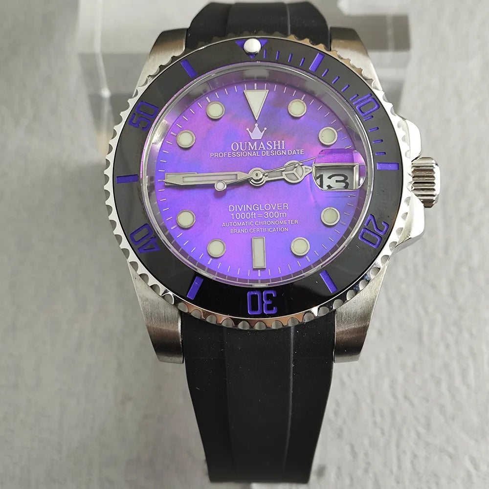 OUMASHI 40mm Mother of-pearl dial NH35 Automatic Mechanical Watch Diver gradient luminous stainless steel case sapphire glass