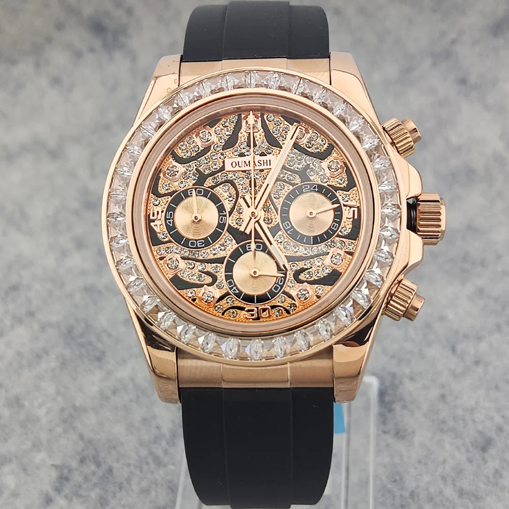 39.3mm Luxury men's Watch VK63 Dial Gemstone Men's Brand Chronograph VK63 sapphire glass Tiger diamond dial