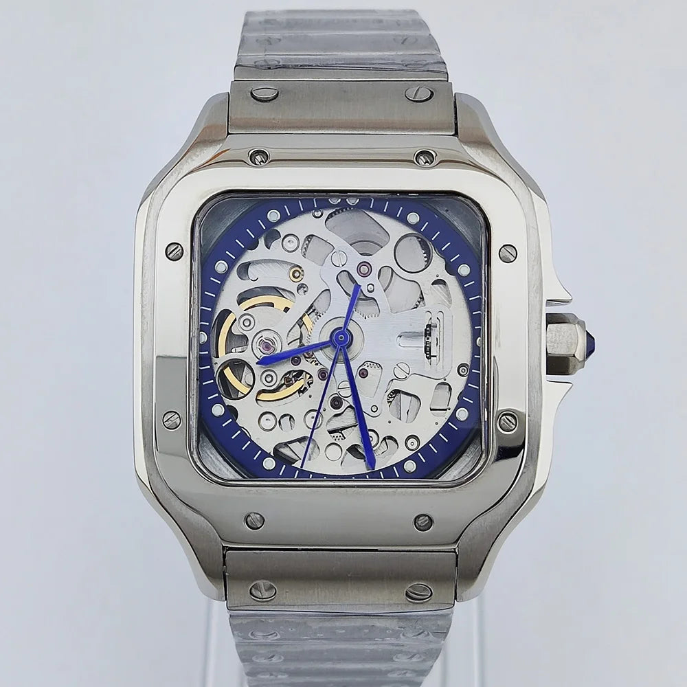 Men's mechanical watch, caliber NH70 movement, hollow dial, mineral glass watch, 38 mm, stylish cool man square watch waterproof
