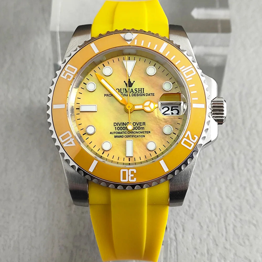 OUMASHI 40mm Mother of-pearl dial NH35 Automatic Mechanical Watch Diver gradient luminous stainless steel case sapphire glass