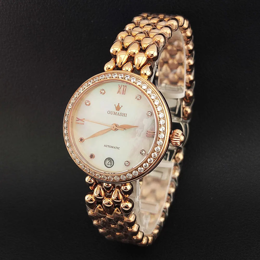 Women's Wristwatch Automatic Mechanical Watch Women Diamond Calendar Dial Stainless Steel Waterproof Luminous Elegant Butterfly