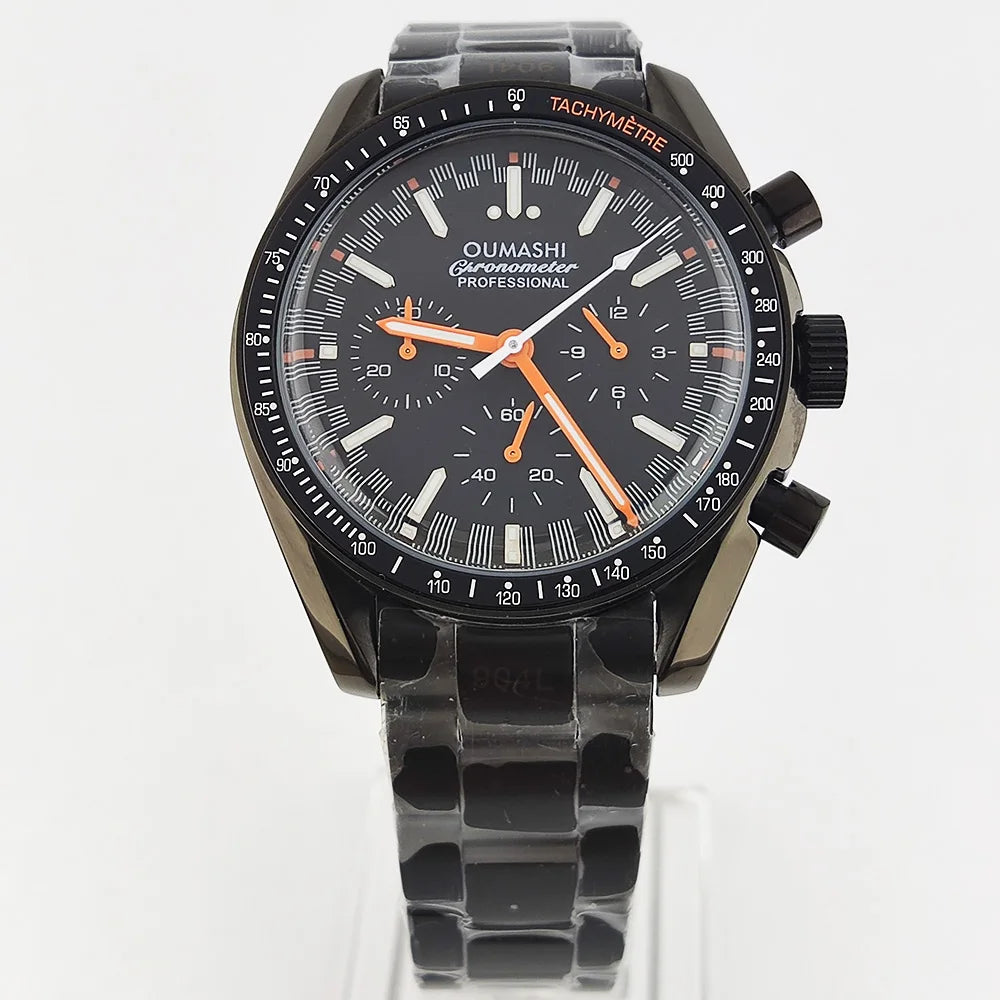 41mm Casual Vk63 Movement Watch Men's waterproof black case OUMASHI Chronograph Calendar Luminous Watch