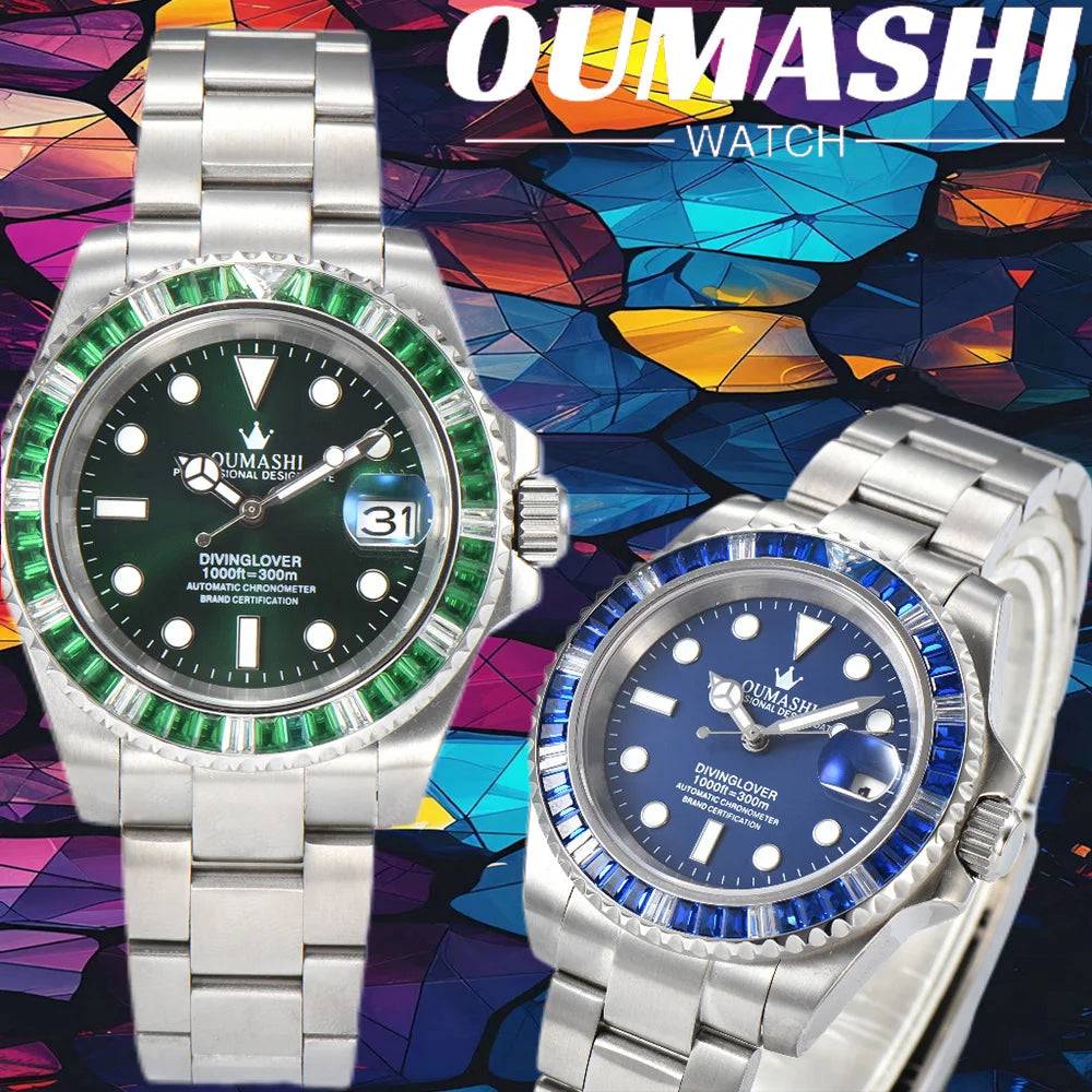 40mm Gem Diving Watch NH35 Movement waterproof sapphire glass luxury Men's NH35 Watch stainless steel strap blue green luminous