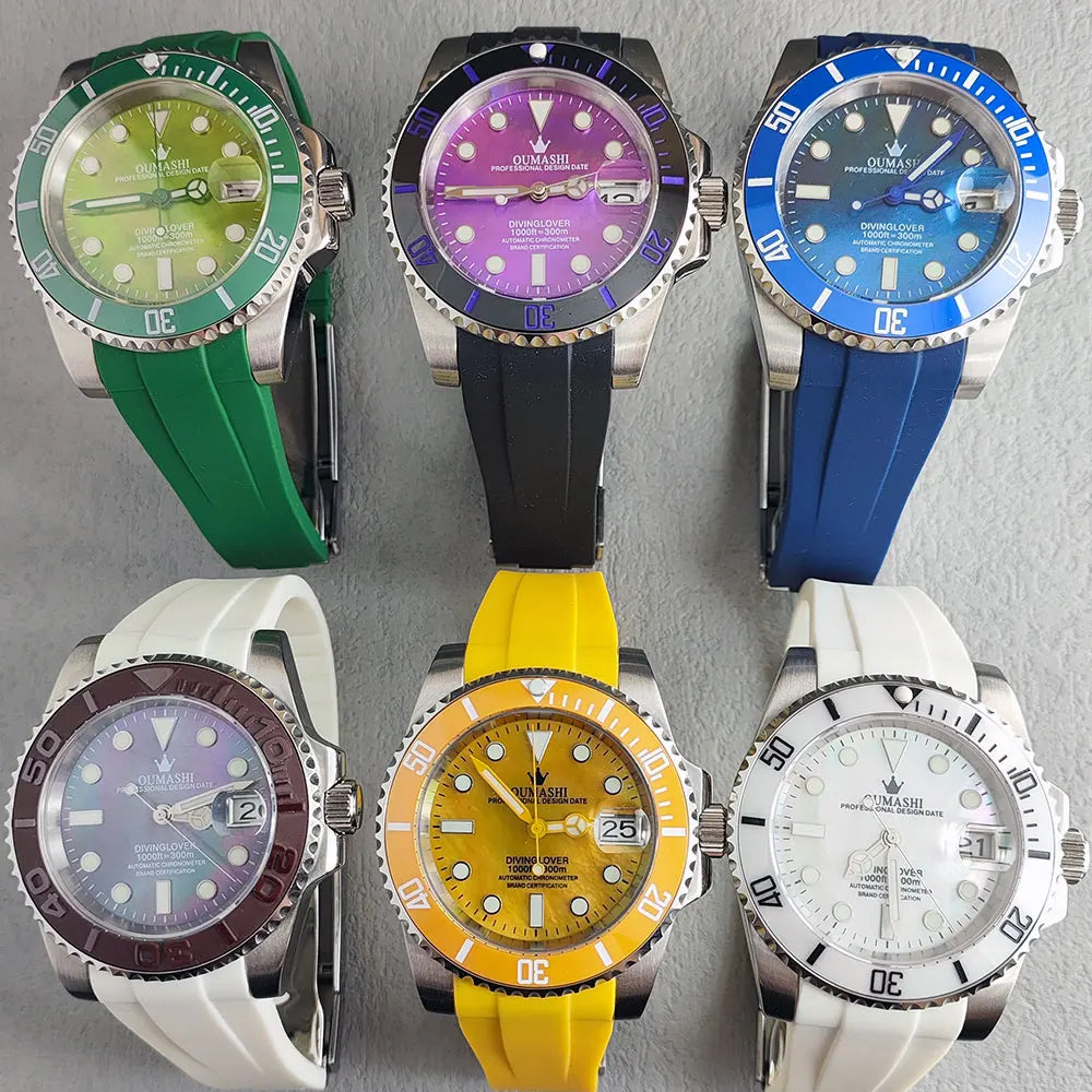 OUMASHI 40mm Mother of-pearl dial NH35 Automatic Mechanical Watch Diver gradient luminous stainless steel case sapphire glass