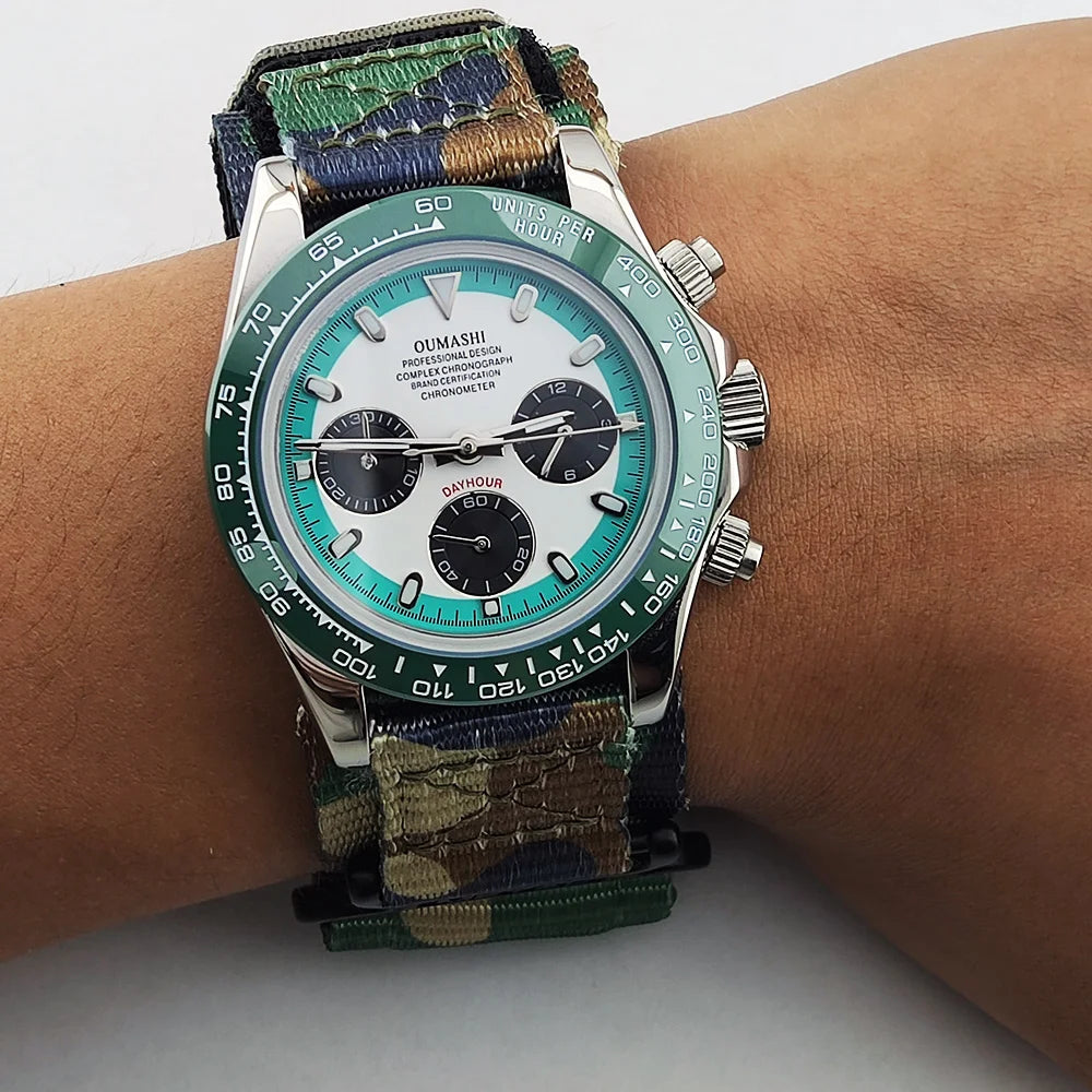 Men's Sports Quartz WatchVK63 Chronograph Sapphire Glass Intense Stainless Steel Green Luminance Waterproof  10BAR Velcro strap