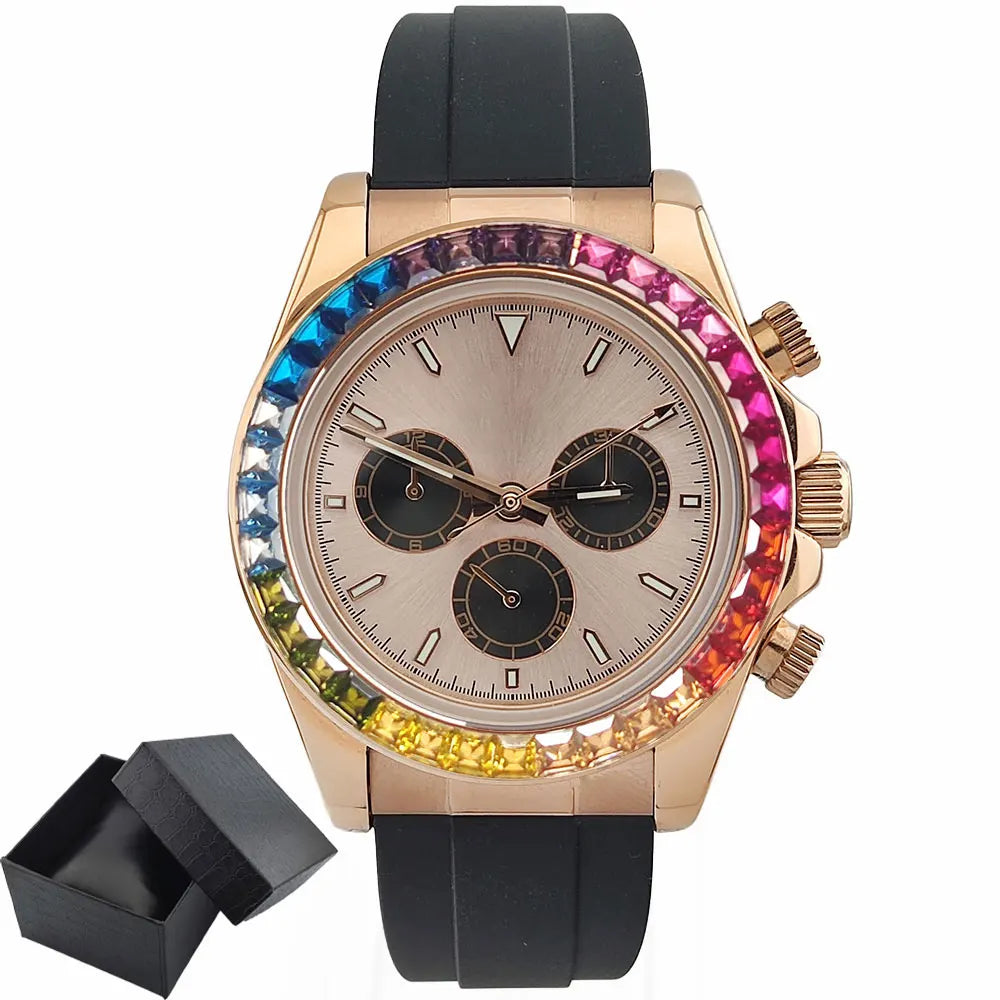 Men watches GEM Automatic Watch 39mm 4130 Chronograph Mechanical Wristwatch Sapphire Rubber bracelet Waterproof 10ATM 7750 watch
