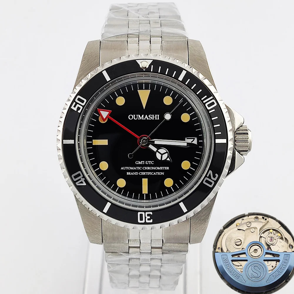 NH34GMT Men's 120 clicks bezel Waterproof Luxury Men's 39.5mm domed glass Mechanical Clock Dive NH34 modify Automatic watch