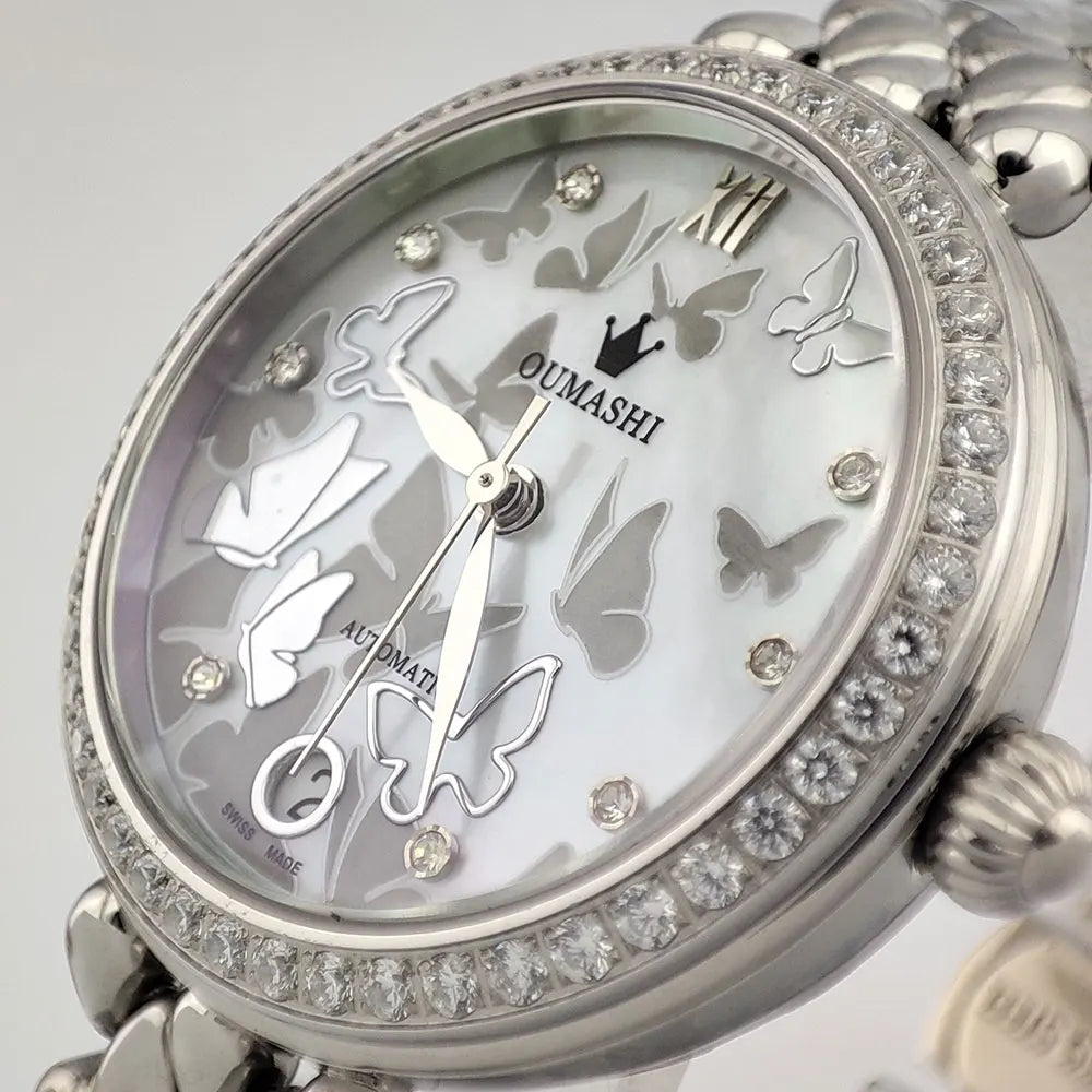 Women's Wristwatch Automatic Mechanical Watch Women Diamond Calendar Dial Stainless Steel Waterproof Luminous Elegant Butterfly