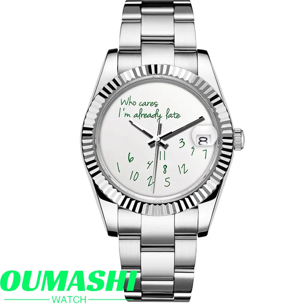 Watch NH series 35 36mm/39mm case Who cares im already late Watch No Logo dial Blue Text Dial Sapphire Glass Luxury men'watch