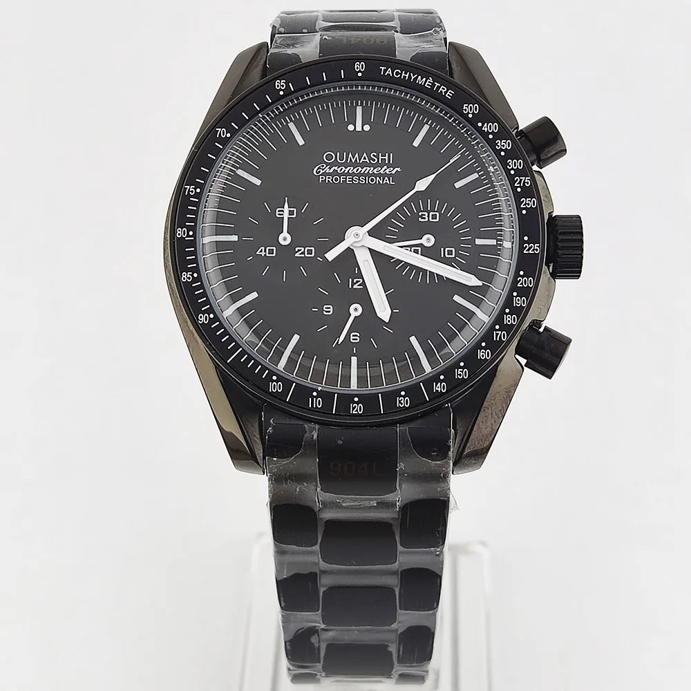 41mm Casual Vk63 Movement Watch Men's waterproof black case OUMASHI Chronograph Calendar Luminous Watch