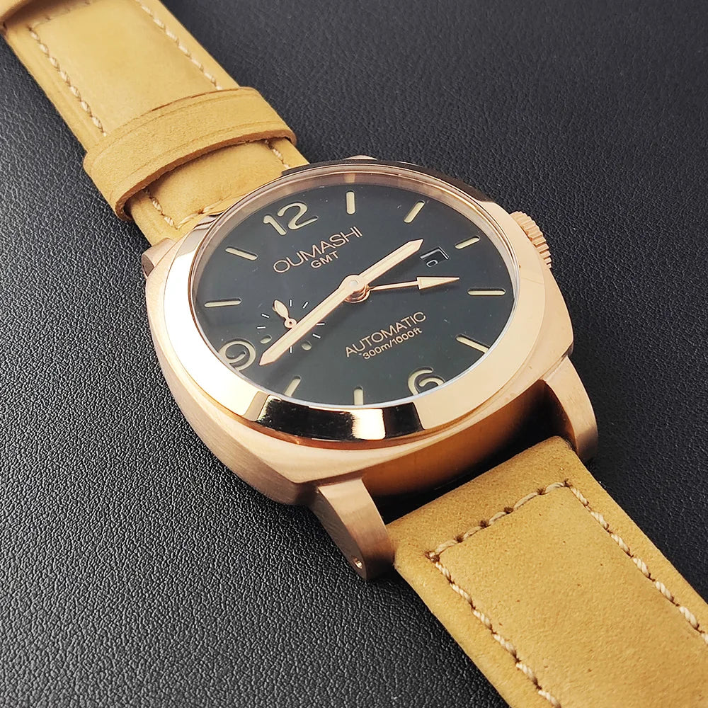 ST2557 Movement watches 45mm Men's watch GMT Stainless Steel case Men's Vintage Mechanical Watch sapphire glass leather bracelet
