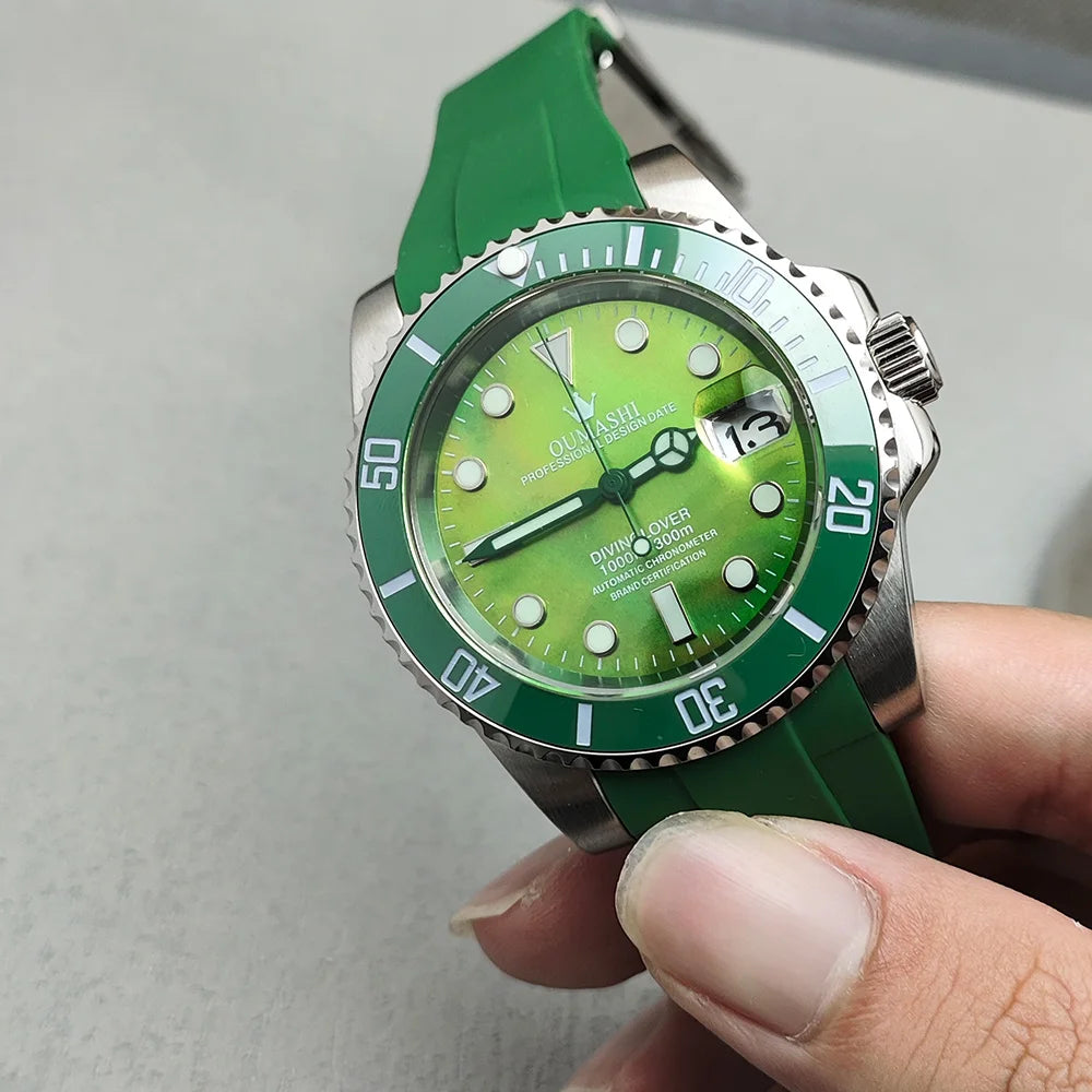 OUMASHI 40mm Mother of-pearl dial NH35 Automatic Mechanical Watch Diver gradient luminous stainless steel case sapphire glass