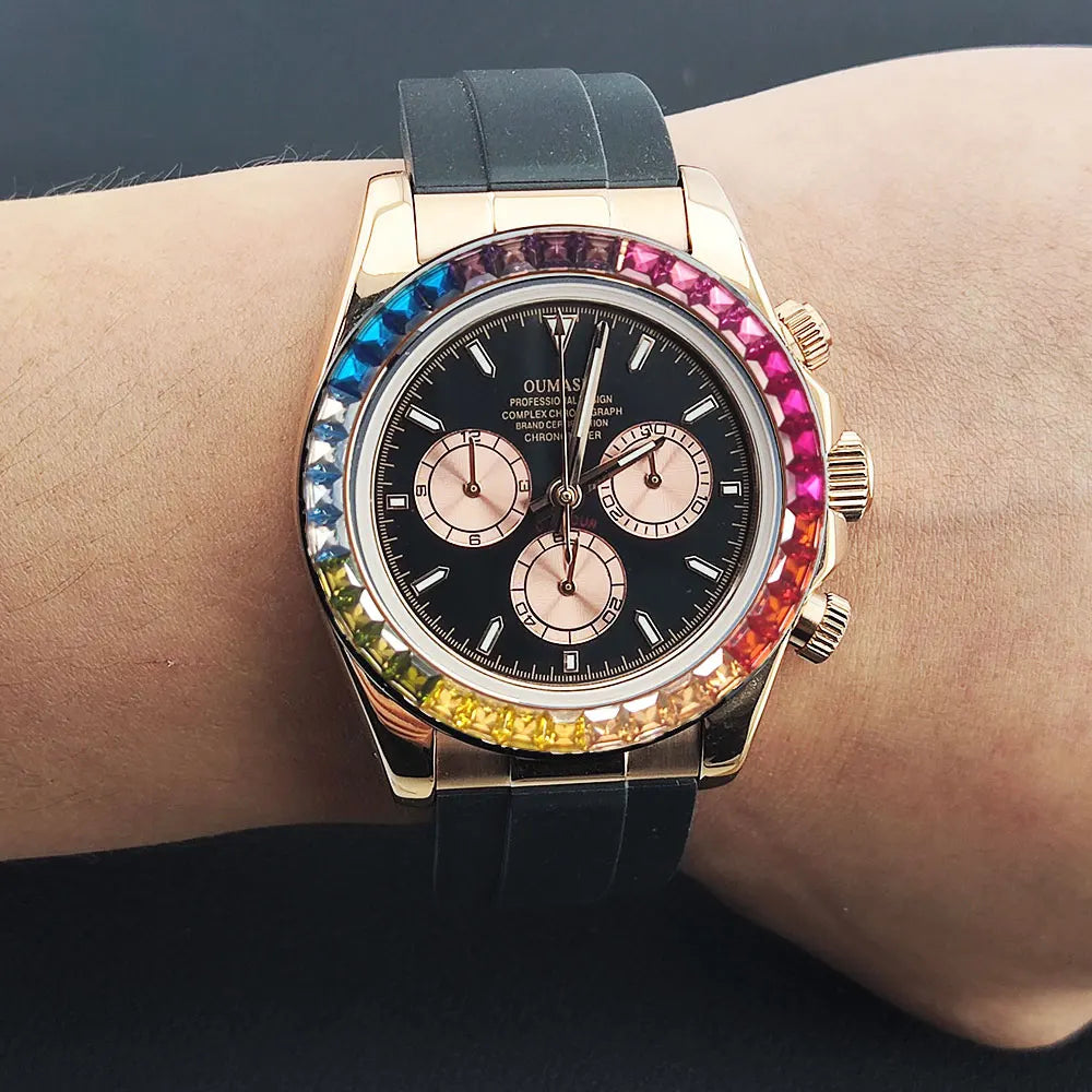 Men watches GEM Automatic Watch 39mm 4130 Chronograph Mechanical Wristwatch Sapphire Rubber bracelet Waterproof 10ATM 7750 watch