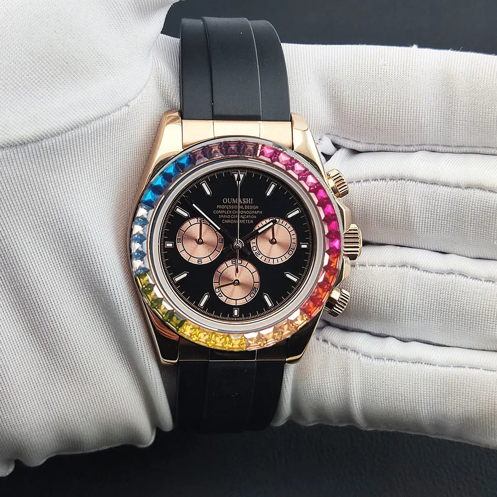 Men watches GEM Automatic Watch 39mm 4130 Chronograph Mechanical Wristwatch Sapphire Rubber bracelet Waterproof 10ATM 7750 watch