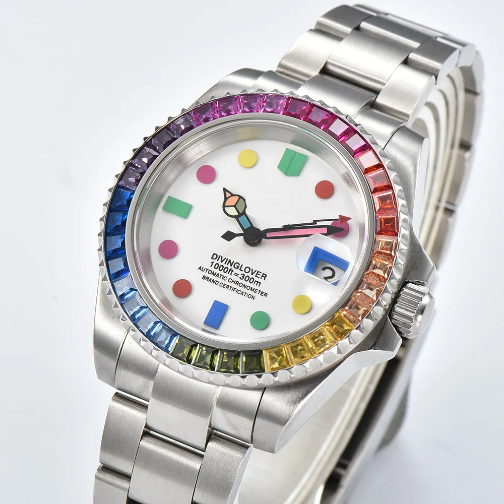 40mm Gem Diving Watch NH35 Movement waterproof sapphire glass luxury Men's NH35 Watch stainless steel strap blue green luminous