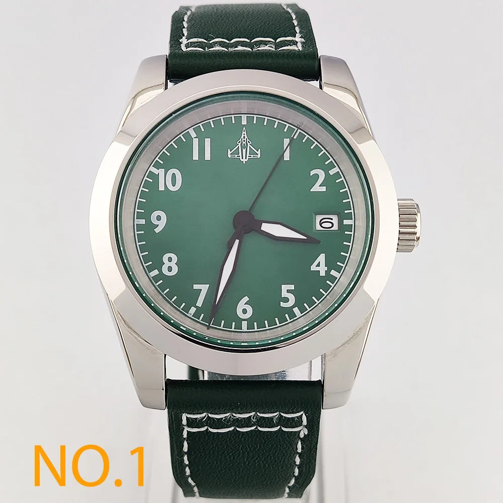 39mm Men's Business Watch NH35A 10bar Automatic Dive Pilot Men's Watch sapphire Glass dial Multicolor leather strap Spiral crown