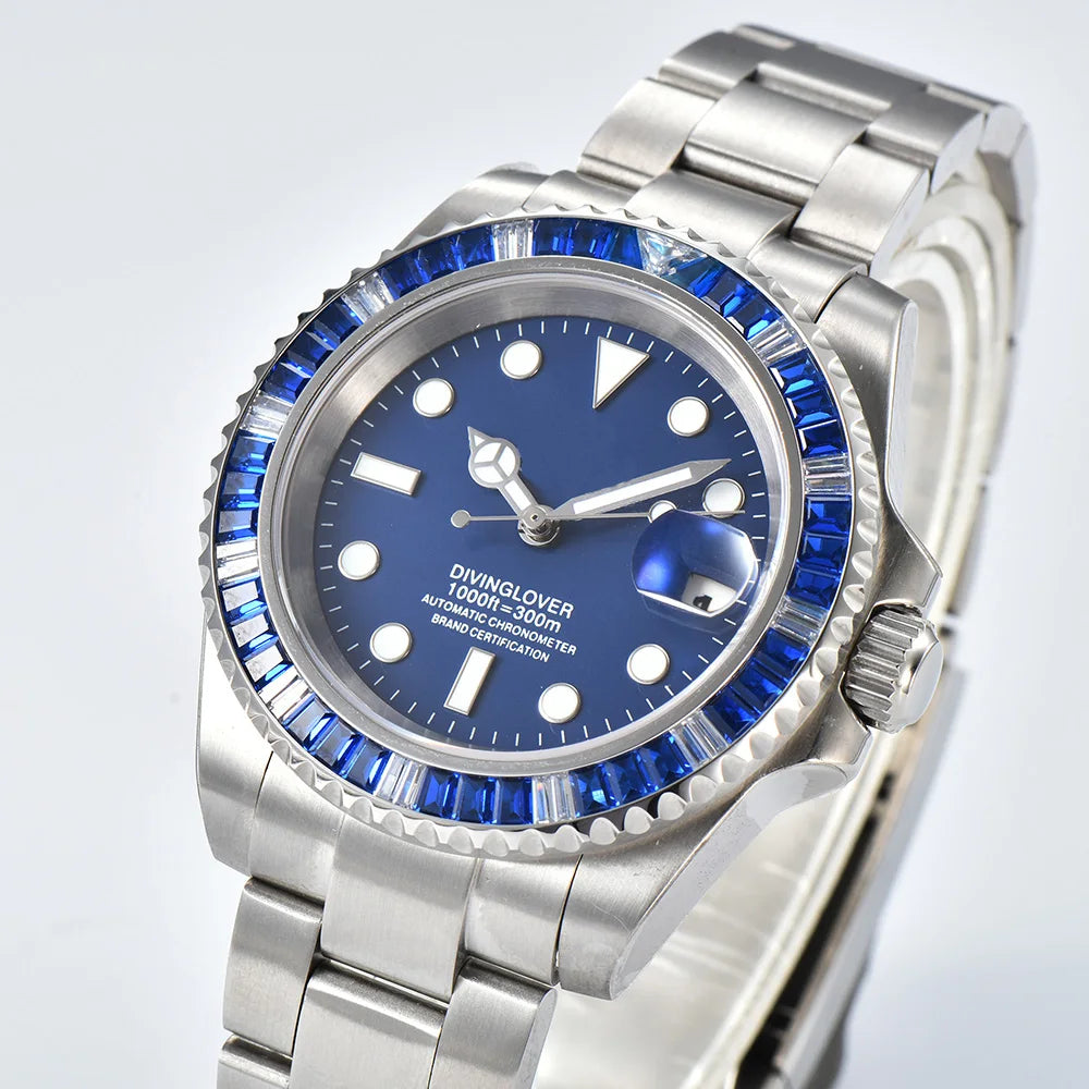40mm Gem Diving Watch NH35 Movement waterproof sapphire glass luxury Men's NH35 Watch stainless steel strap blue green luminous