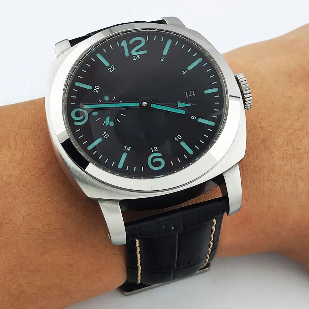 ST2557 Movement watches 45mm Men's watch GMT Stainless Steel case Men's Vintage Mechanical Watch SKY BLUE dial leather bracelet
