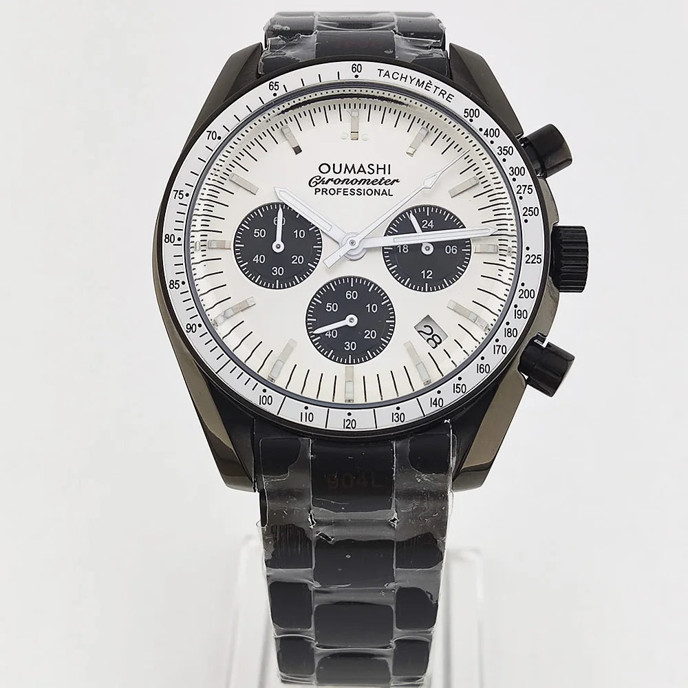 41mm Casual Vk63 Movement Watch Men's waterproof black case OUMASHI Chronograph Calendar Luminous Watch