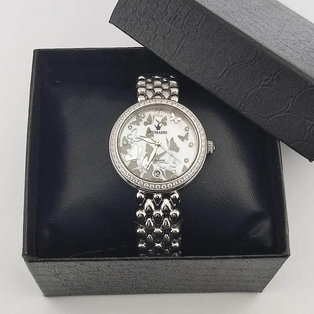 Women's Wristwatch Automatic Mechanical Watch Women Diamond Calendar Dial Stainless Steel Waterproof Luminous Elegant Butterfly