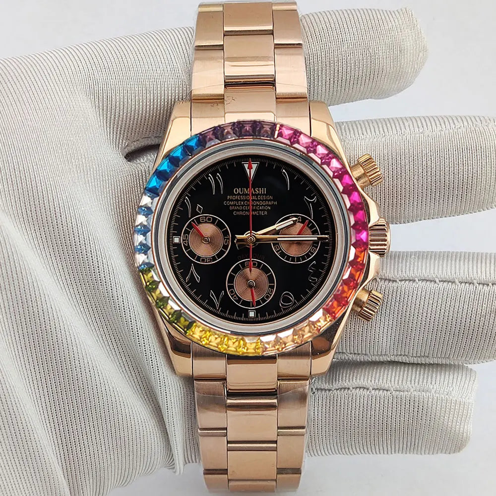39.3mm vk63 Watches Luxury Watch Men's Chronograph Arabia watch Rainbow bezel Watch Men's VK63 Men's  Waterproof 10ATM