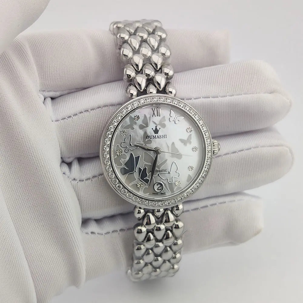 Women's Wristwatch Automatic Mechanical Watch Women Diamond Calendar Dial Stainless Steel Waterproof Luminous Elegant Butterfly