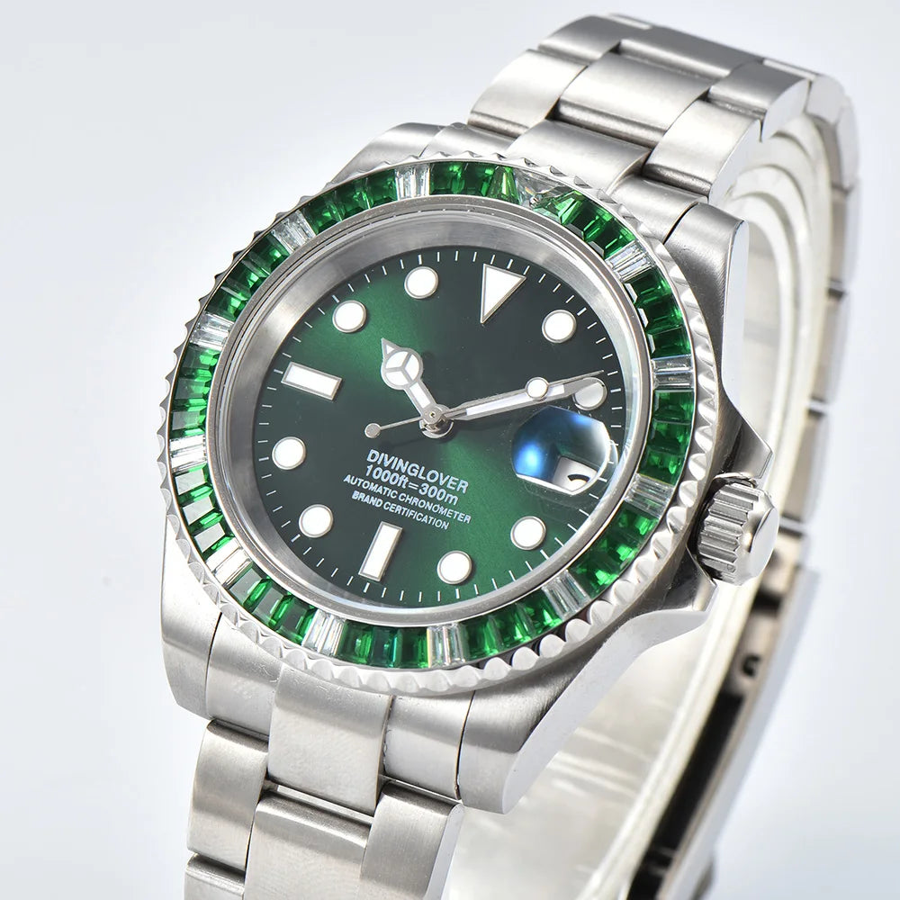 40mm Gem Diving Watch NH35 Movement waterproof sapphire glass luxury Men's NH35 Watch stainless steel strap blue green luminous