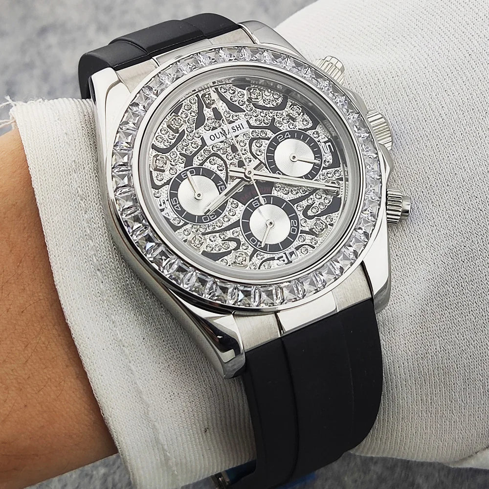 39.3mm Luxury men's Watch VK63 Dial Gemstone Men's Brand Chronograph VK63 sapphire glass Tiger diamond dial