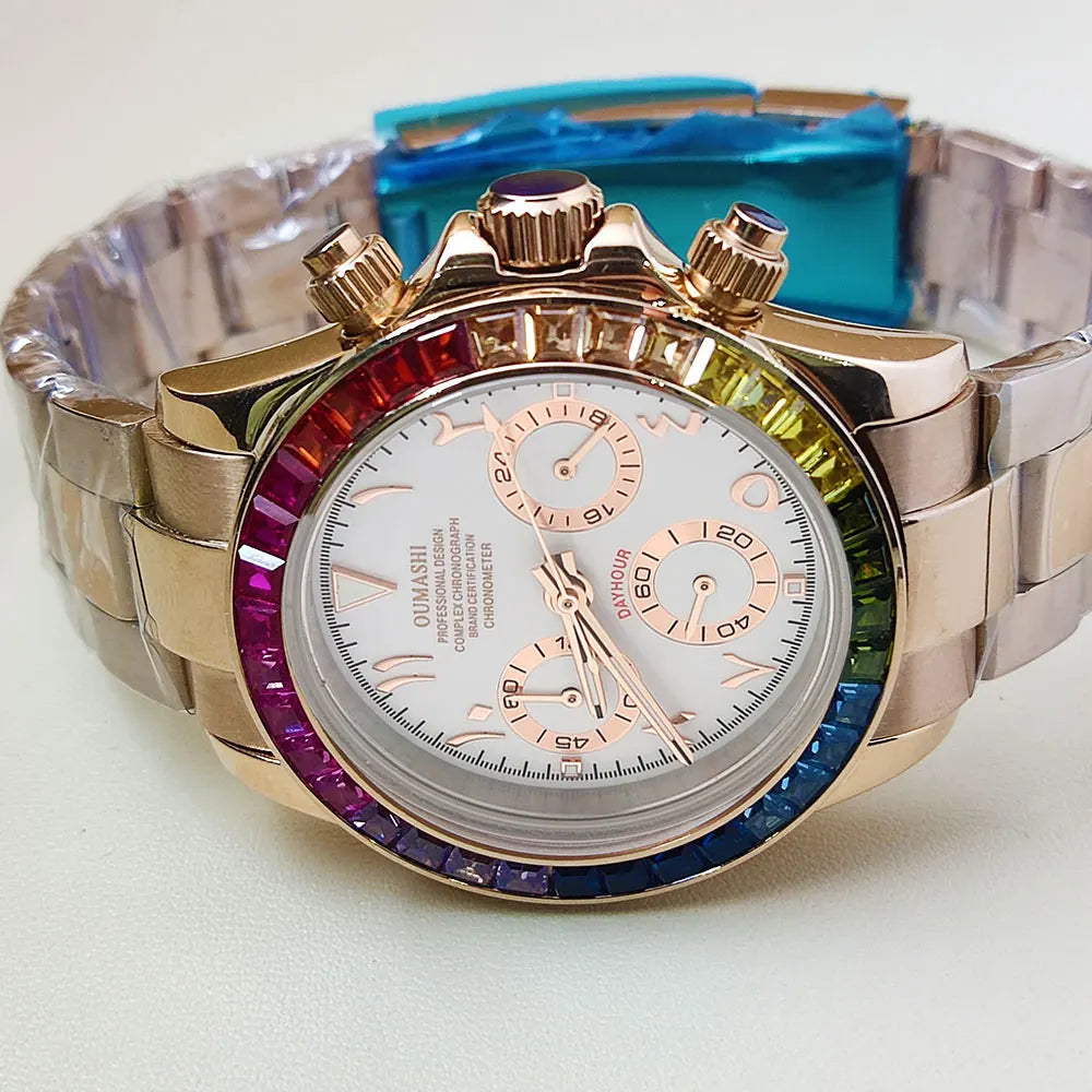 39.3mm vk63 Watches Luxury Watch Men's Chronograph Arabia watch Rainbow bezel Watch Men's VK63 Men's  Waterproof 10ATM