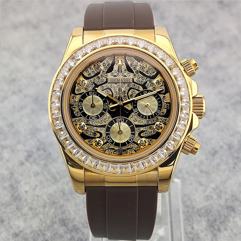 39.3mm Luxury men's Watch VK63 Dial Gemstone Men's Brand Chronograph VK63 sapphire glass Tiger diamond dial