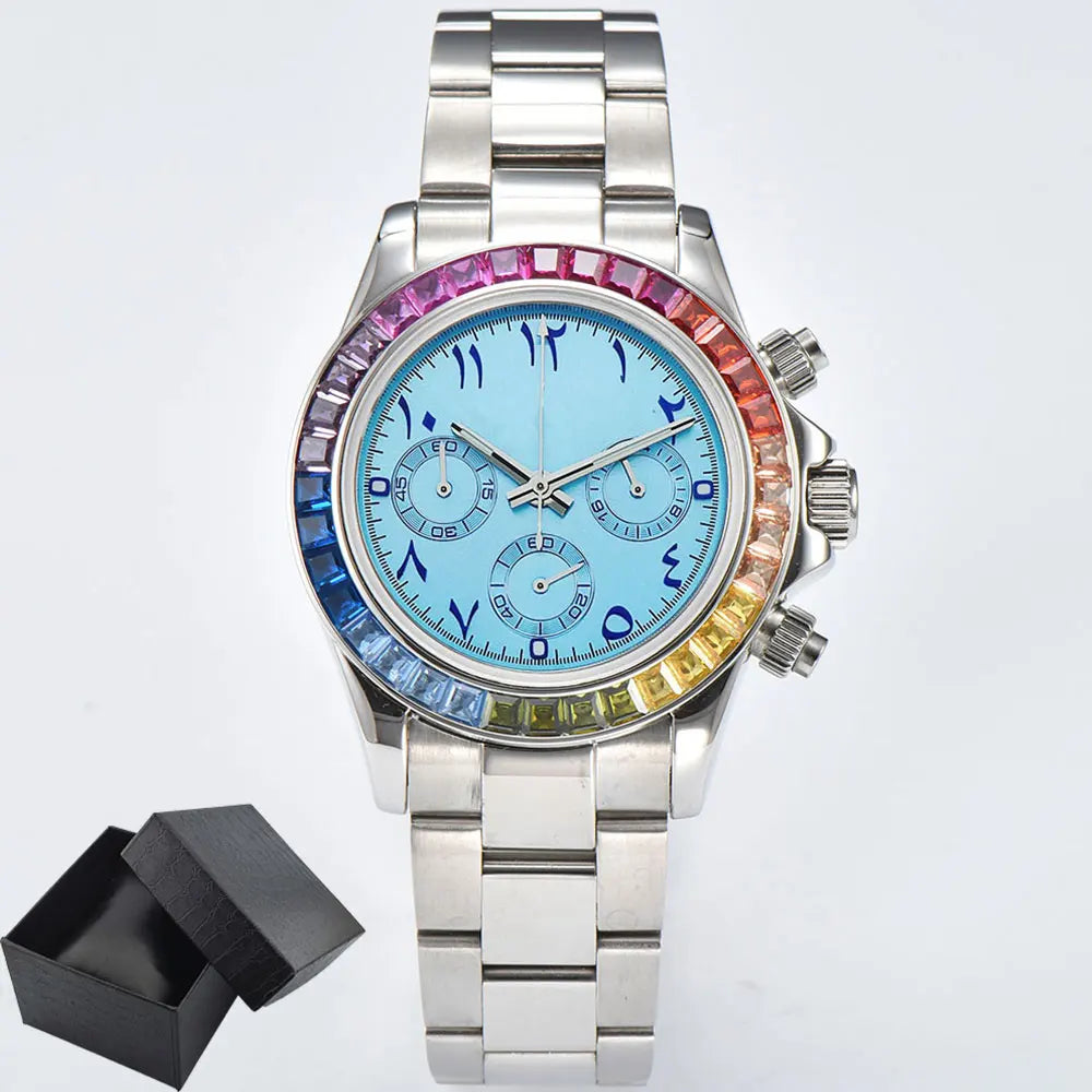 VK63 watch Rainbow Bezel Sport Watch Men Arabic Quartz Stainless Steel 10ATM Waterproof Mens Watch VK63 Sapphire Chronograph