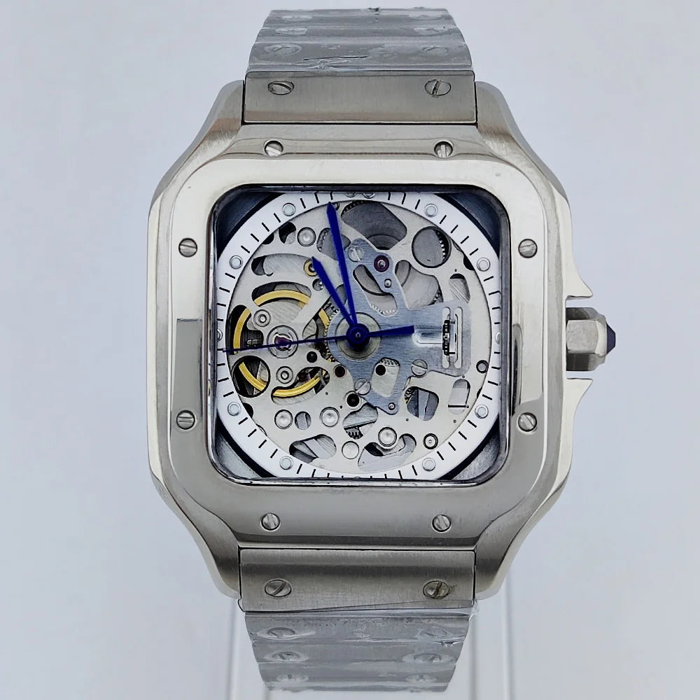 Men's mechanical watch, caliber NH70 movement, hollow dial, mineral glass watch, 38 mm, stylish cool man square watch waterproof