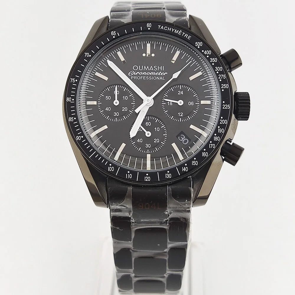 41mm Casual Vk63 Movement Watch Men's waterproof black case OUMASHI Chronograph Calendar Luminous Watch