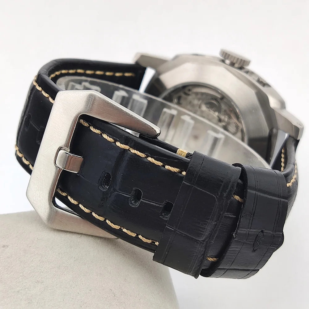 ST2557 Movement watches 45mm Men's watch GMT Stainless Steel case Men's Vintage Mechanical Watch sapphire glass leather bracelet