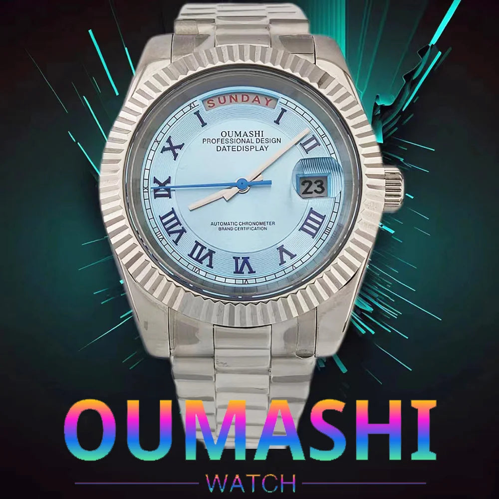 39mm OUMASHI WATCH men's mechanical watch sky blue Roman dial luxury automatic watch men's Japan MIYOTA 8285 sapphire crystal
