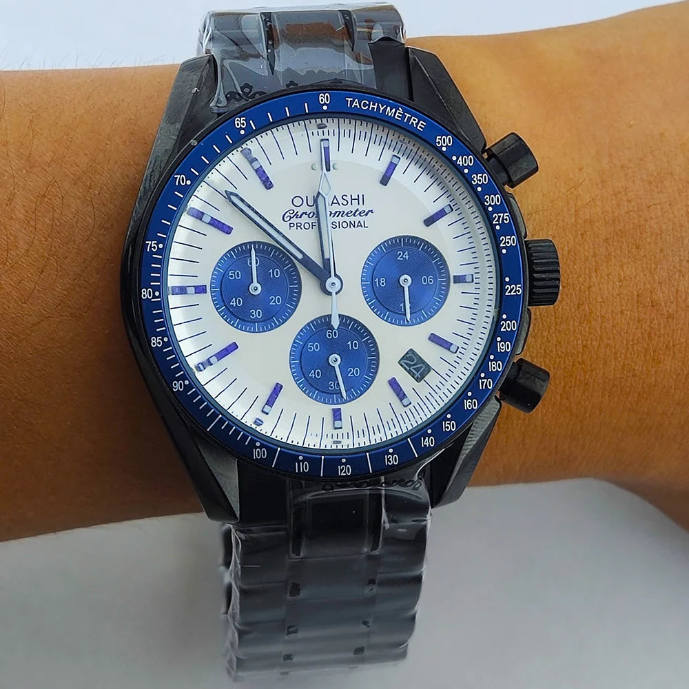 41mm Casual Vk63 Movement Watch Men's waterproof black case OUMASHI Chronograph Calendar Luminous Watch