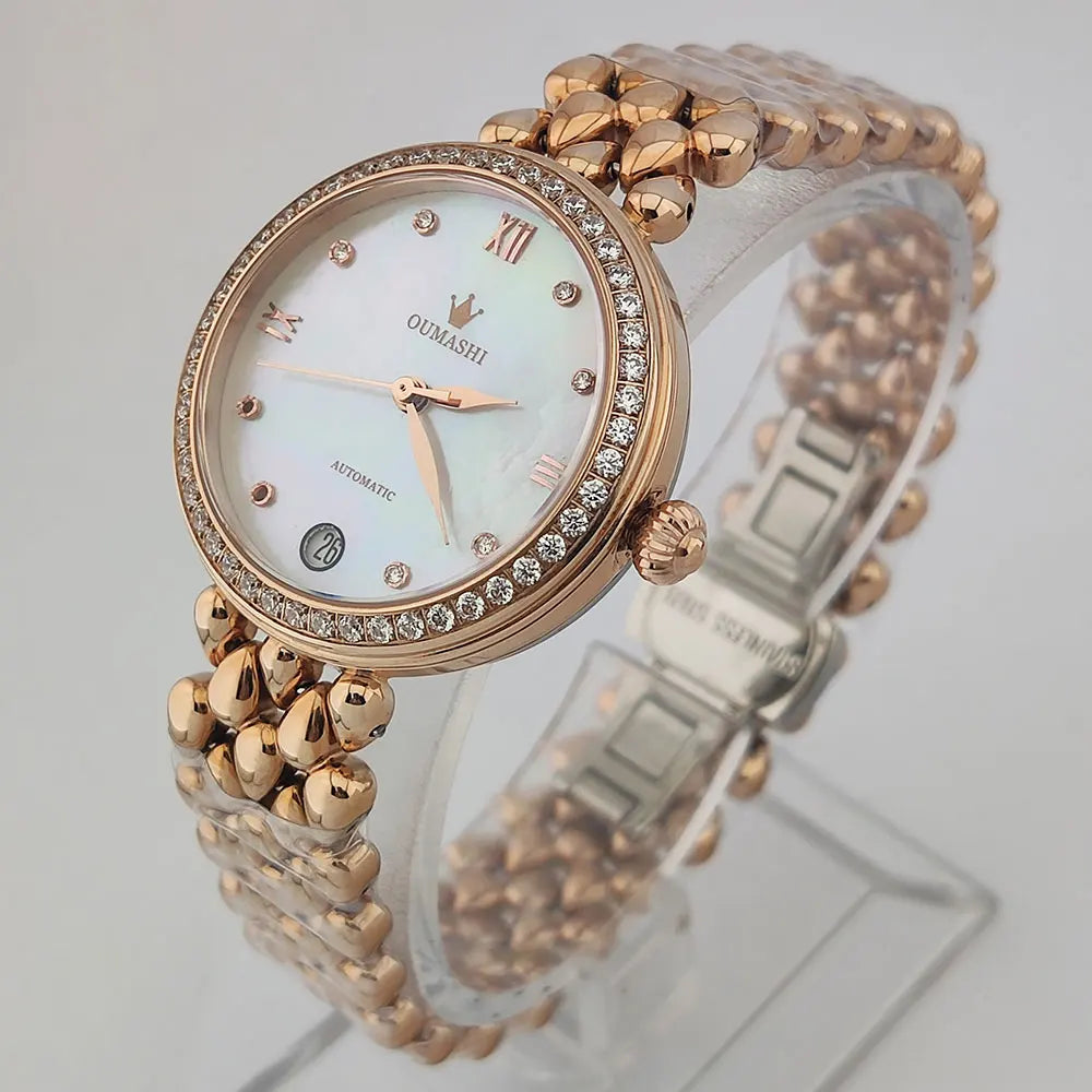 Women's Wristwatch Automatic Mechanical Watch Women Diamond Calendar Dial Stainless Steel Waterproof Luminous Elegant Butterfly