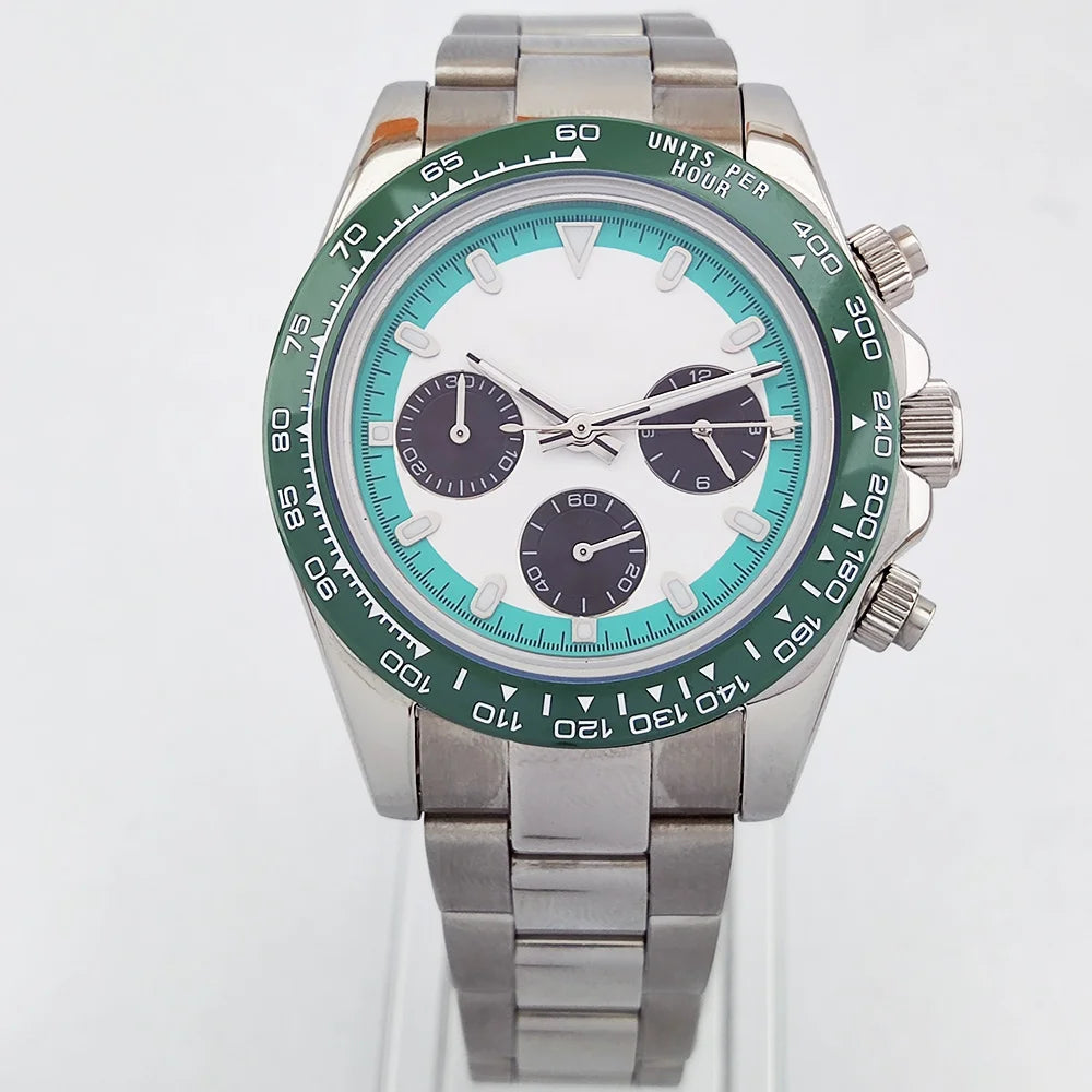 Men's Sports Quartz WatchVK63 Chronograph Sapphire Glass Intense Stainless Steel Green Luminance Waterproof  10BAR Velcro strap