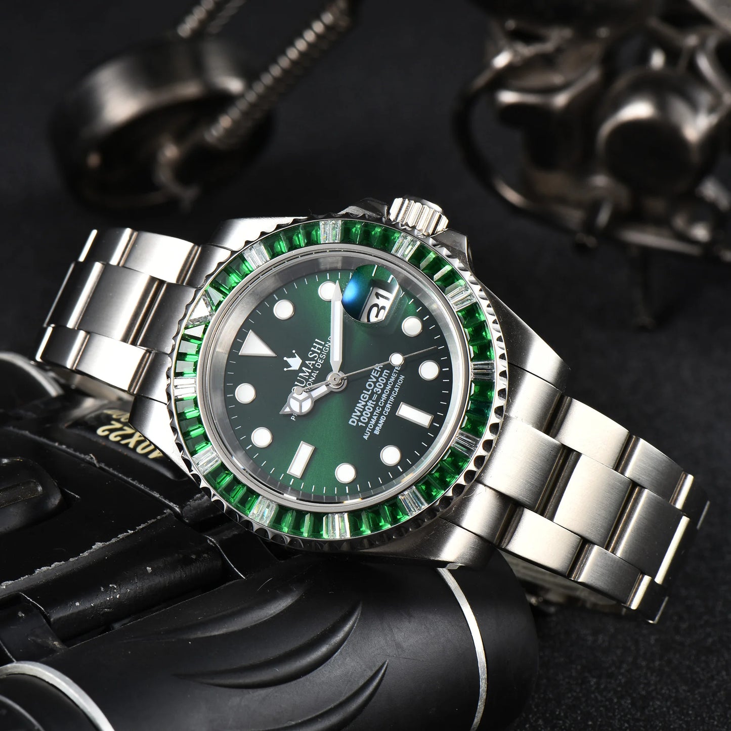40mm Gem Diving Watch NH35 Movement waterproof sapphire glass luxury Men's NH35 Watch stainless steel strap blue green luminous