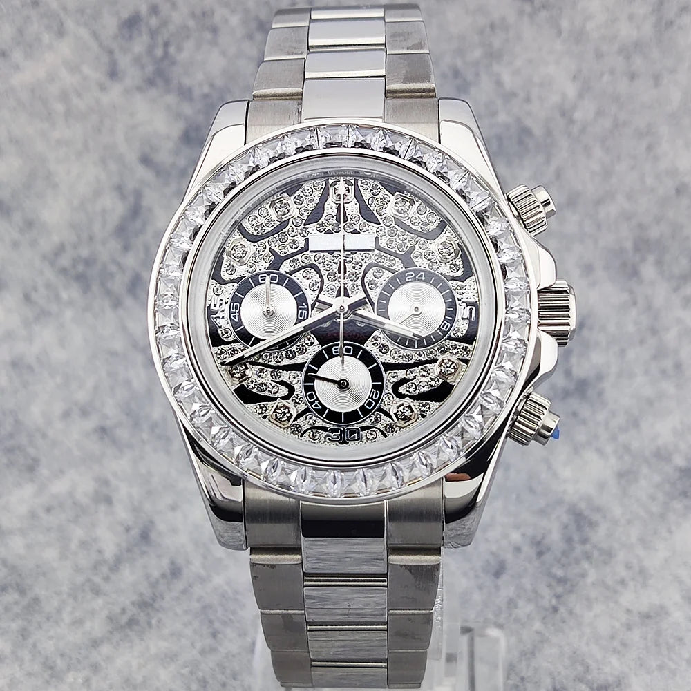 39.3mm Luxury men's Watch VK63 Dial Gemstone Men's Brand Chronograph VK63 sapphire glass Tiger diamond dial