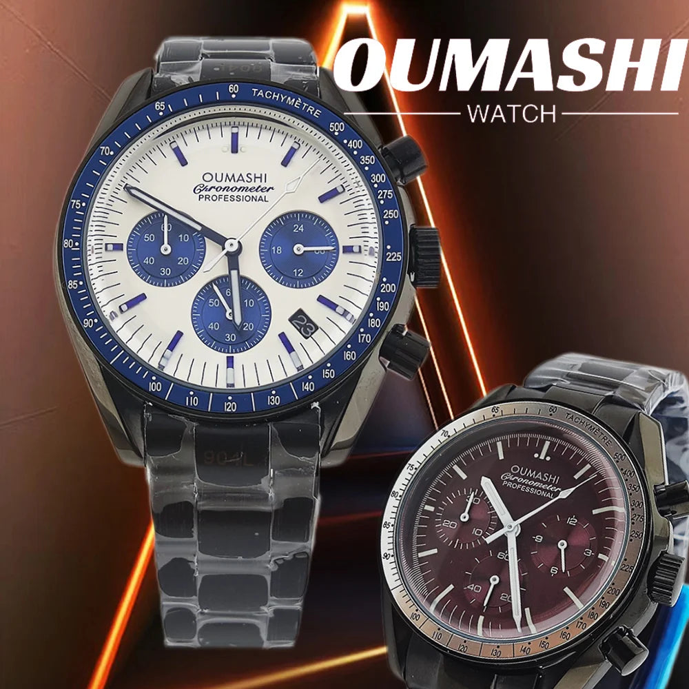 41mm Casual Vk63 Movement Watch Men's waterproof black case OUMASHI Chronograph Calendar Luminous Watch