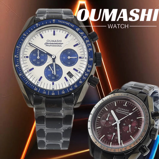 41mm Casual Vk63 Movement Watch Men's waterproof black case OUMASHI Chronograph Calendar Luminous Watch