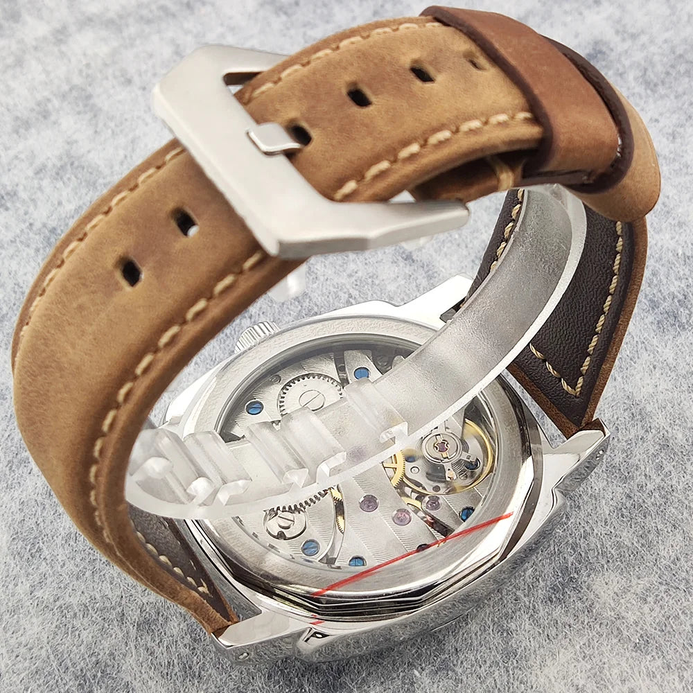 46mm men's hand mechanical ST3600 movement double needle sapphire glass waterproof and intensely luminous leather strap
