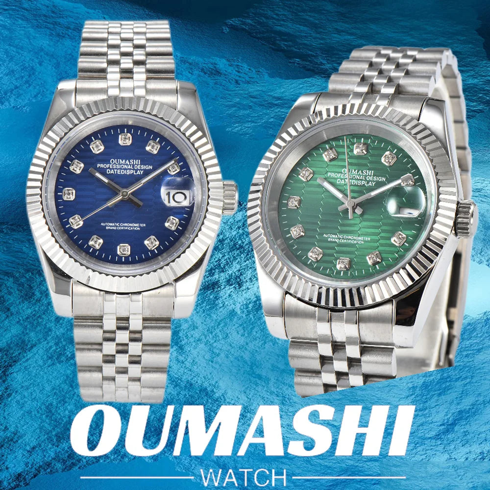 Men's 36mm/39mm Watches NH35 Automatic Movement Silver Case White Dial Blue AR Sapphire Glass Date Stainless Steel Strap