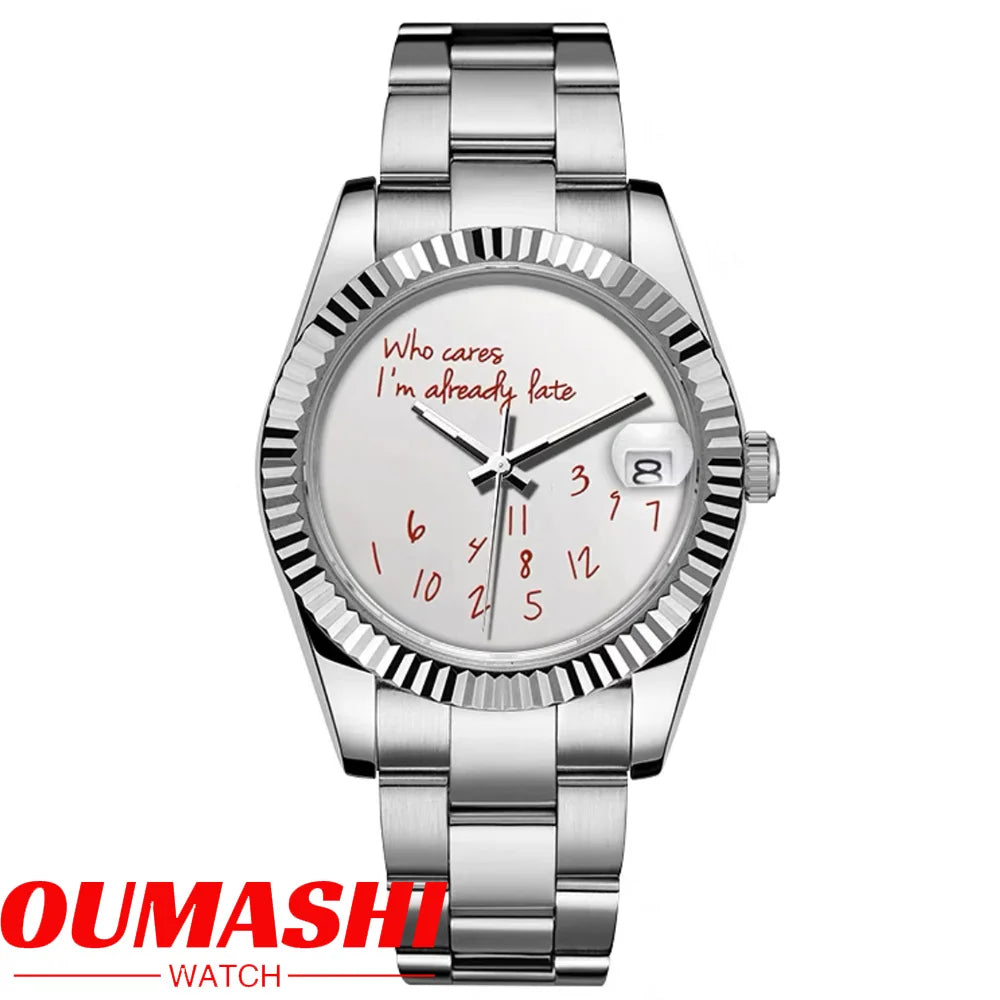 Watch NH series 35 36mm/39mm case Who cares im already late Watch No Logo dial Blue Text Dial Sapphire Glass Luxury men'watch