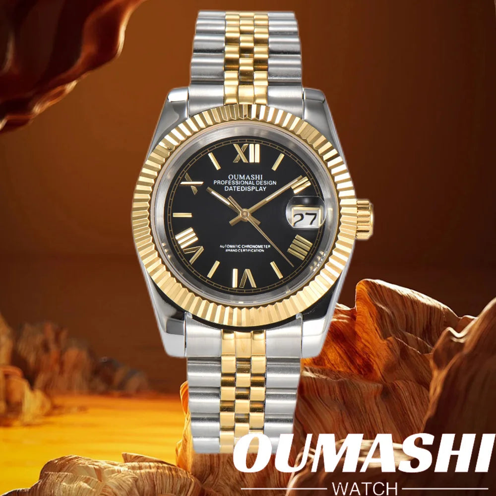 Business 36mm/39mm Men's watch NH35A Automatic movement Gold case Roman dial Blue AR Sapphire glass date stainless steel strap