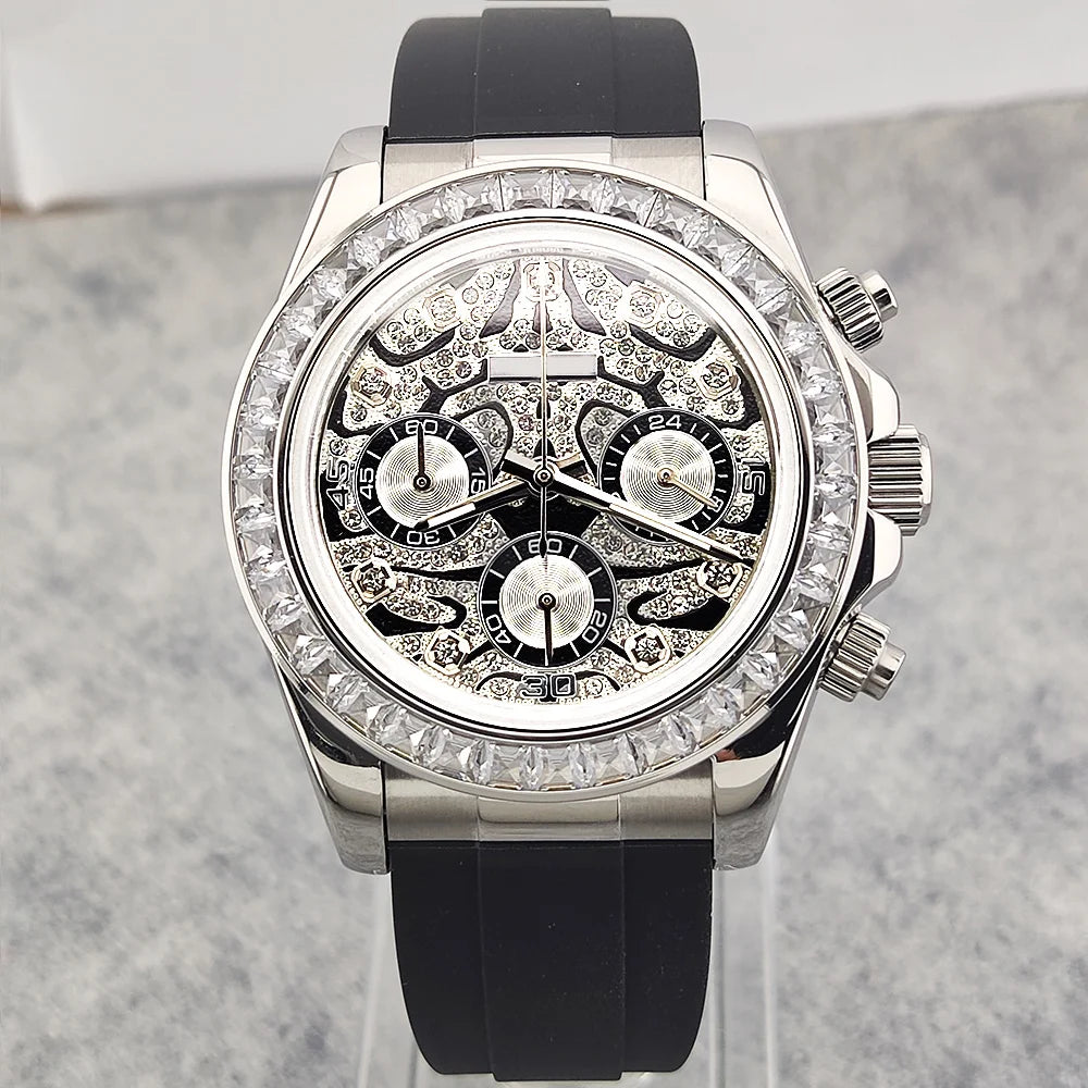 39.3mm Luxury men's Watch VK63 Dial Gemstone Men's Brand Chronograph VK63 sapphire glass Tiger diamond dial