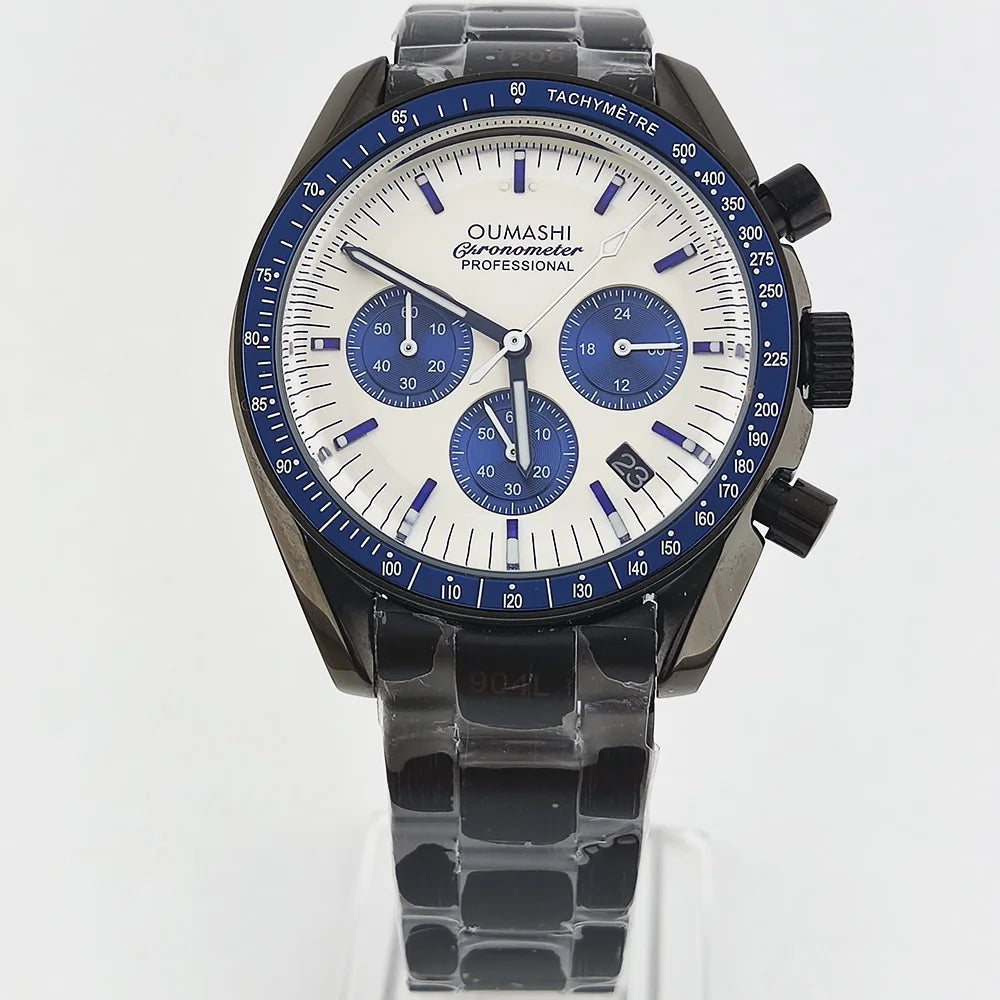 41mm Casual Vk63 Movement Watch Men's waterproof black case OUMASHI Chronograph Calendar Luminous Watch