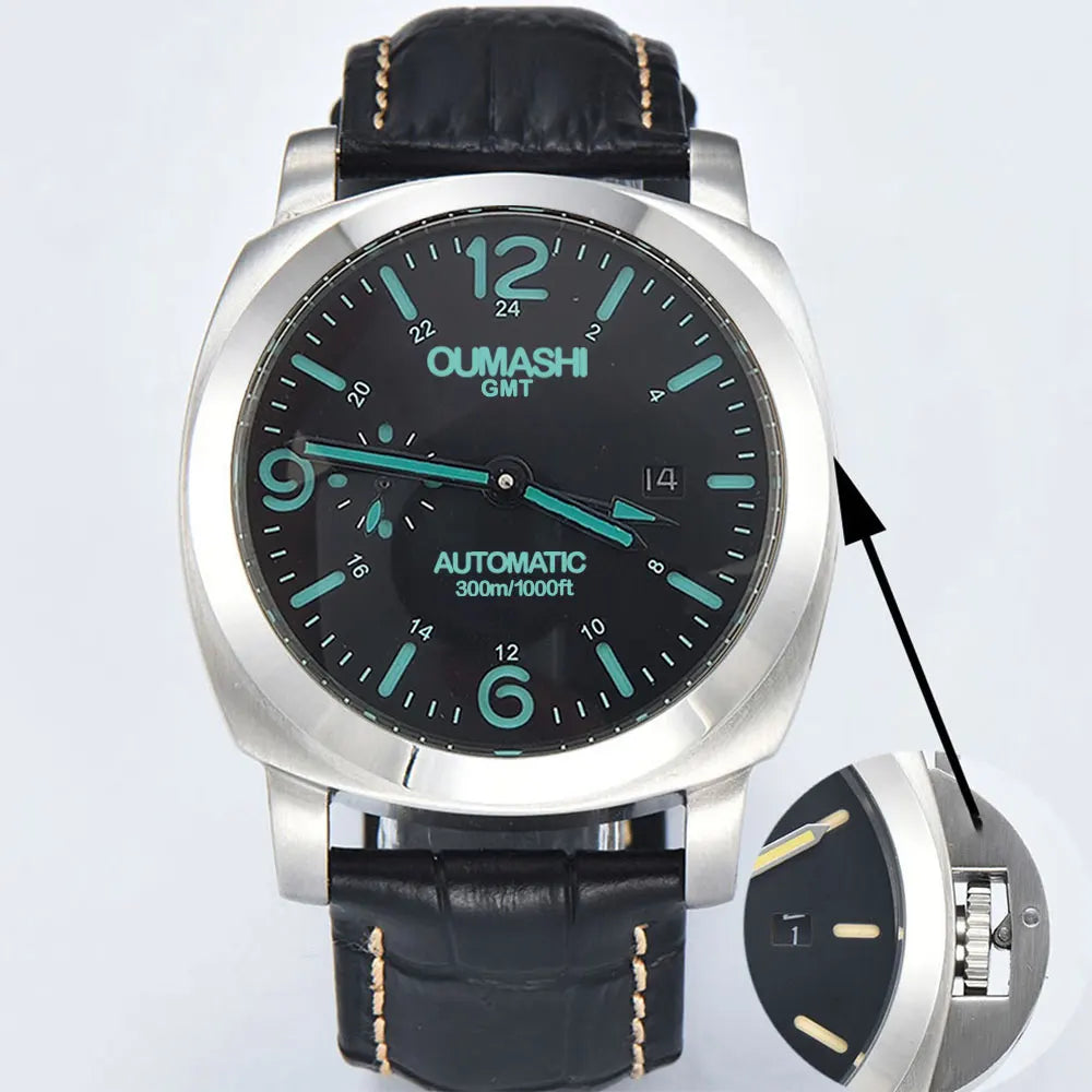 ST2557 Movement watches 45mm Men's watch GMT Stainless Steel case Men's Vintage Mechanical Watch SKY BLUE dial leather bracelet