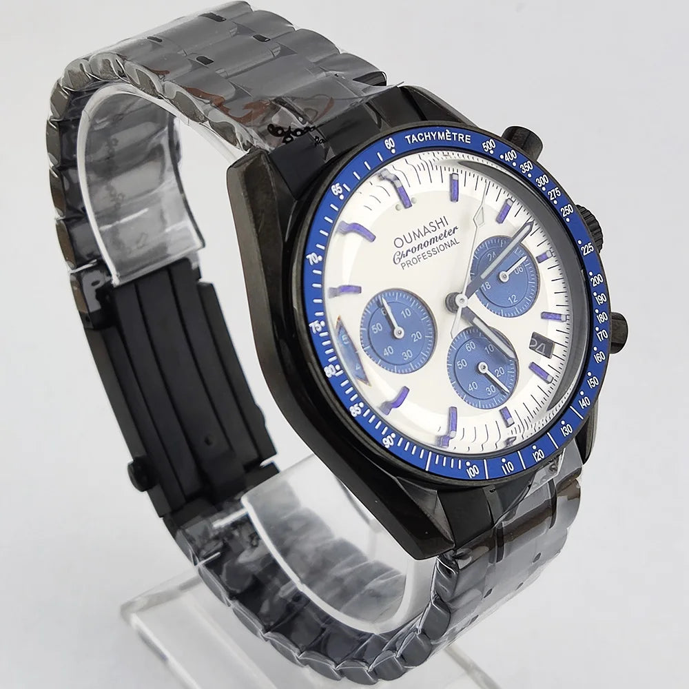 41mm Casual Vk63 Movement Watch Men's waterproof black case OUMASHI Chronograph Calendar Luminous Watch